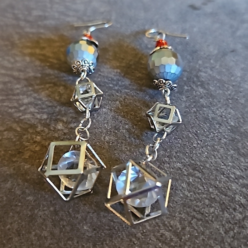 HANDMADE Extra Long Disco Cage Beaded Dangle Hook Earrings - Picture 3 of 3